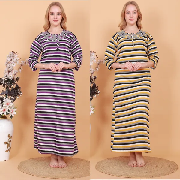 Pack_of_2_Woolen_Nighty_|_Multicolor_Fleece_/_Cotswool_Embroidery_With_Stripe_Design_Maxi_For_Women