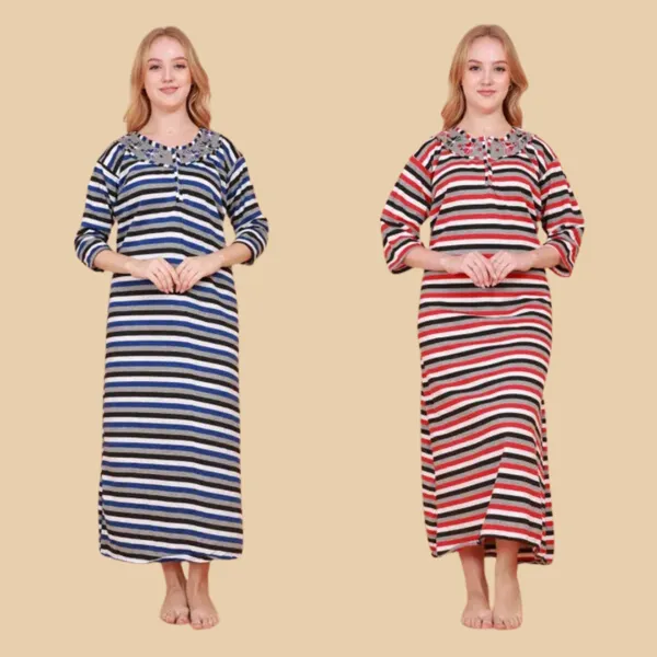 Pack_of_2_Woolen_Nighty_|_Multicolor_Fleece_/_Cotswool_Embroidery_With_Stripe_Design_Maxi_For_Women