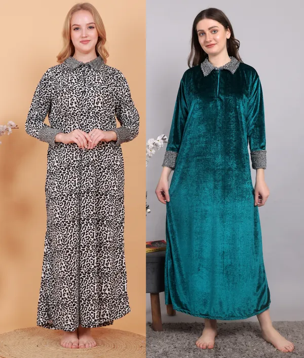 Pack_of_2_Woolen_Nighty_|_Sea_Green_/_White_Winter__Velvet_Maxi_For_Women