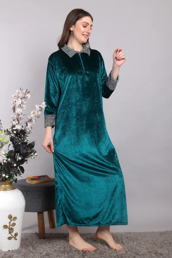 Pack_of_2_Woolen_Nighty_|_Sea_Green_/_White_Winter__Velvet_Maxi_For_Women