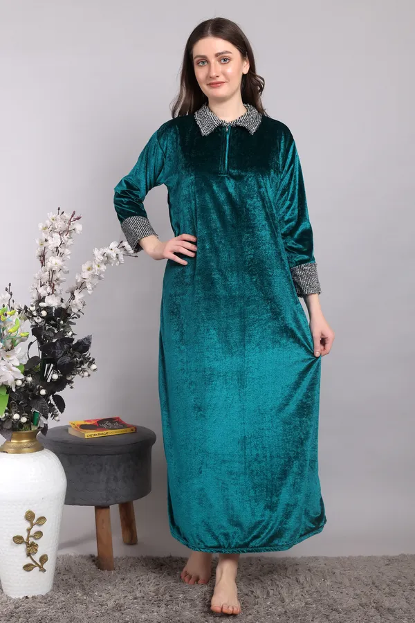 Pack_of_2_Woolen_Nighty_|_Sea_Green_/_White_Winter__Velvet_Maxi_For_Women