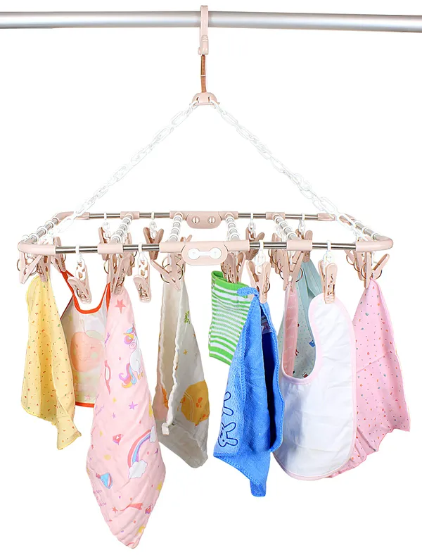 Pink_30_Clothes_Peg_Hanger,_Foldable_Cloth_Hanger_With_30_Clips_Laundry_Drip_Drying_Hanger_Rack_Stainless_Steel_&_Plastic_Clothes_Hanger_For_Socks_Undergarments_50X30X38