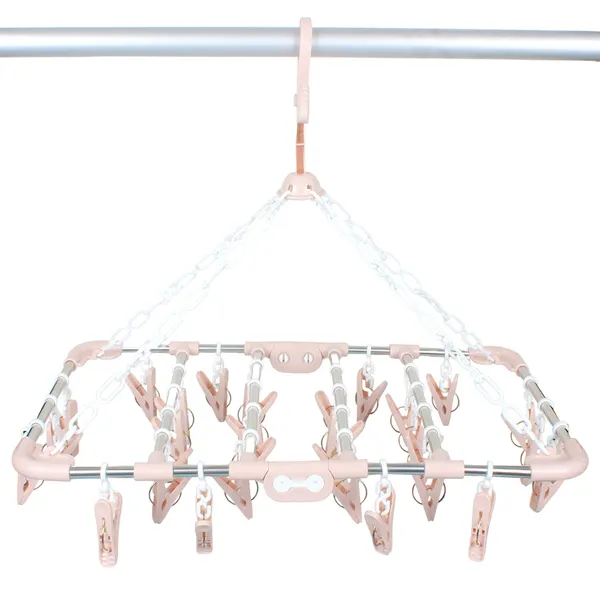 Pink_30_Clothes_Peg_Hanger,_Foldable_Cloth_Hanger_With_30_Clips_Laundry_Drip_Drying_Hanger_Rack_Stainless_Steel_&_Plastic_Clothes_Hanger_For_Socks_Undergarments_50X30X38