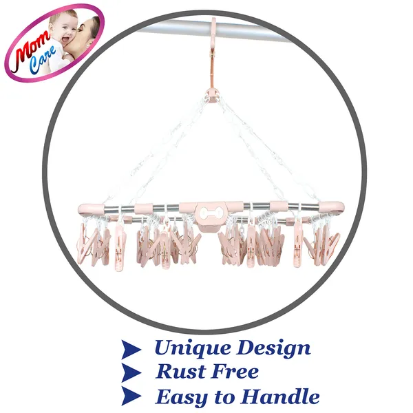 Pink_30_Clothes_Peg_Hanger,_Foldable_Cloth_Hanger_With_30_Clips_Laundry_Drip_Drying_Hanger_Rack_Stainless_Steel_&_Plastic_Clothes_Hanger_For_Socks_Undergarments_50X30X38