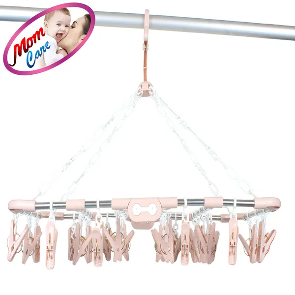 Pink_30_Clothes_Peg_Hanger,_Foldable_Cloth_Hanger_With_30_Clips_Laundry_Drip_Drying_Hanger_Rack_Stainless_Steel_&_Plastic_Clothes_Hanger_For_Socks_Undergarments_50X30X38