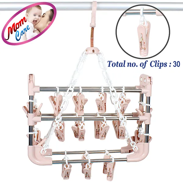 Pink_30_Clothes_Peg_Hanger,_Foldable_Cloth_Hanger_With_30_Clips_Laundry_Drip_Drying_Hanger_Rack_Stainless_Steel_&_Plastic_Clothes_Hanger_For_Socks_Undergarments_50X30X38