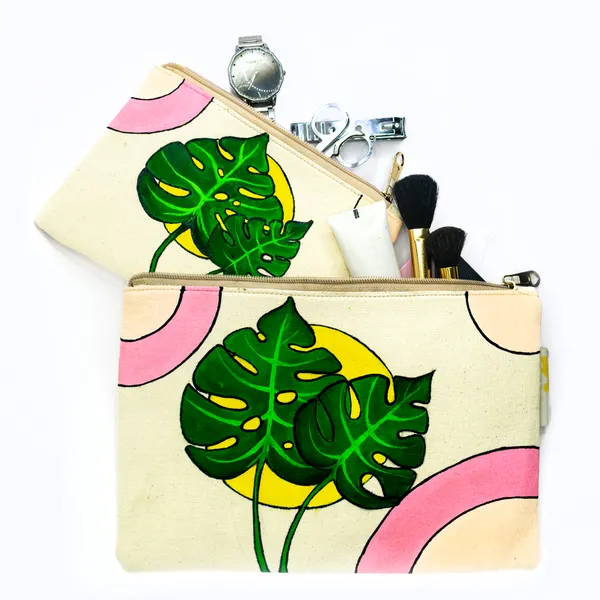Multicolor_Casual_Khadi_Cloth_Hand_Painted_Pouches_For_Womens_&_Girls_(Monstera)