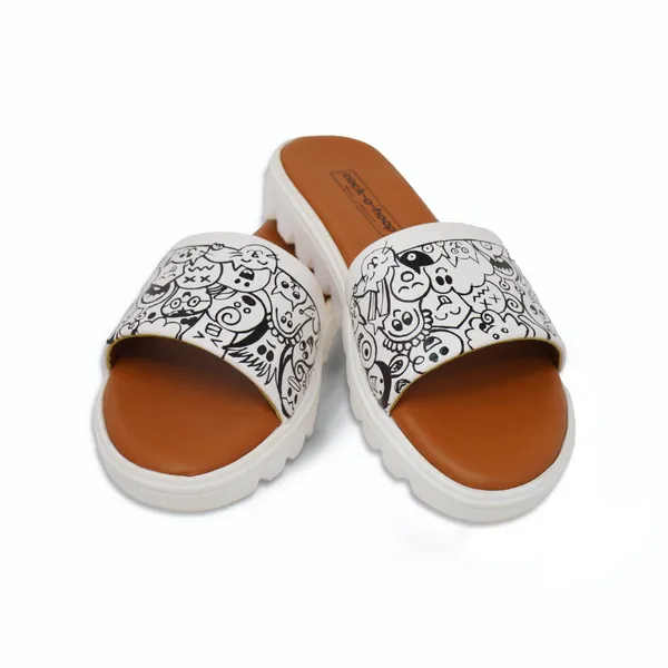 White_&_Black_Casual_Water_Resistant_Hand-Painted_Material_Sliders_For_Womens_&_Girls_(Doodle)
