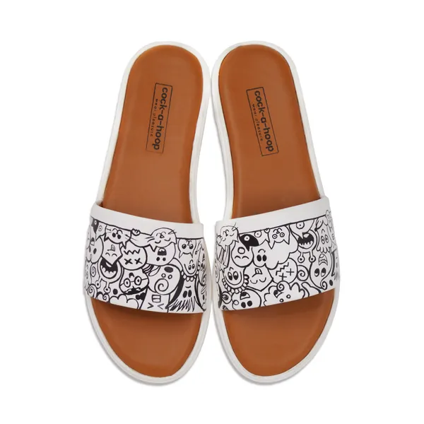White_&_Black_Casual_Water_Resistant_Hand-Painted_Material_Sliders_For_Womens_&_Girls_(Doodle)