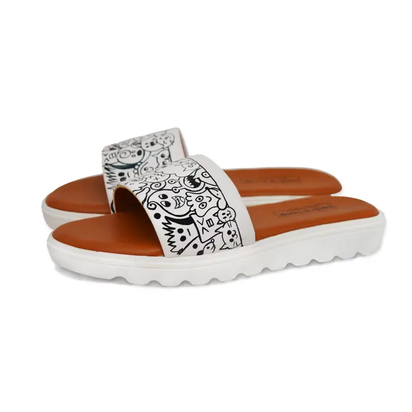 White_&_Black_Casual_Water_Resistant_Hand-Painted_Material_Sliders_For_Womens_&_Girls_(Doodle)