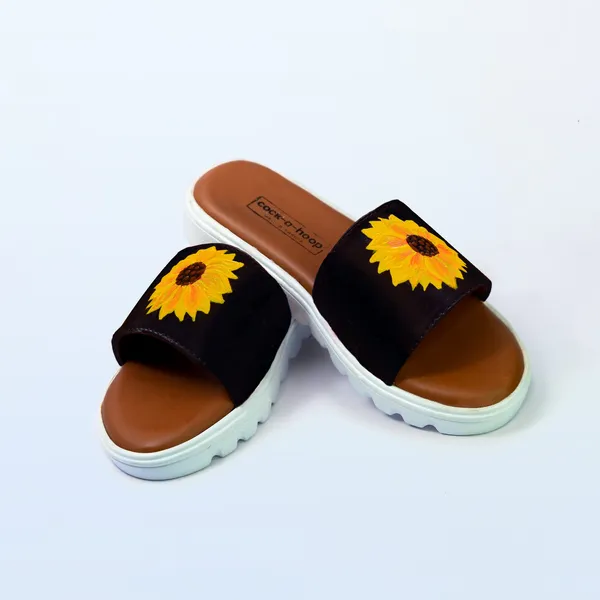 Black_&_Yellow_Hand-Painted_Sliders_For_Womens_&_Girls_|__Casual_Water_Resistant_Paint_(Sunflower)