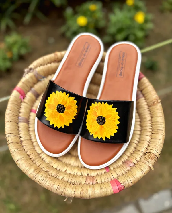 Black_&_Yellow_Hand-Painted_Sliders_For_Womens_&_Girls_|__Casual_Water_Resistant_Paint_(Sunflower)
