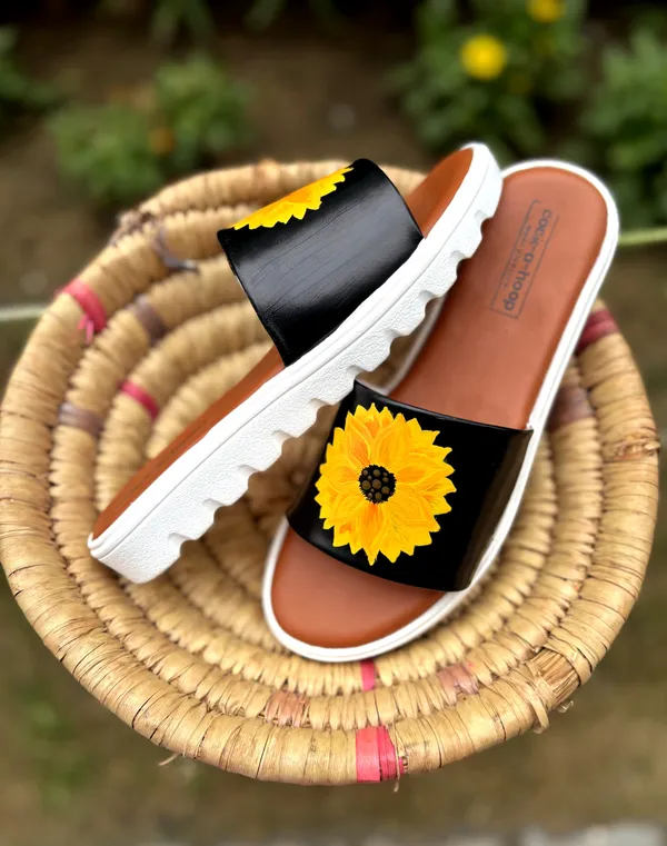 Black_&_Yellow_Hand-Painted_Sliders_For_Womens_&_Girls_|__Casual_Water_Resistant_Paint_(Sunflower)