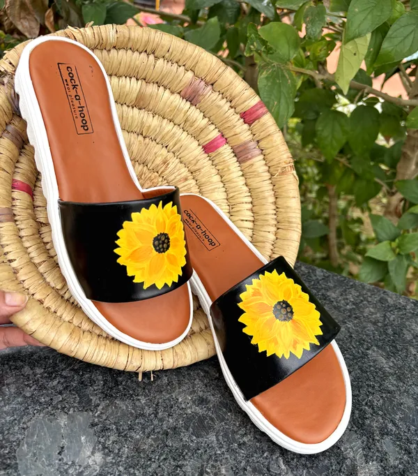 Black_&_Yellow_Hand-Painted_Sliders_For_Womens_&_Girls_|__Casual_Water_Resistant_Paint_(Sunflower)