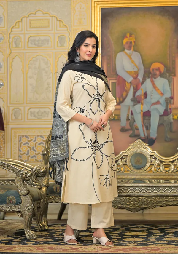 Cream_Cotton_Blend_3/4_Sleeve_Ethnic_Set_With_Silk_Dupatta_For_Women