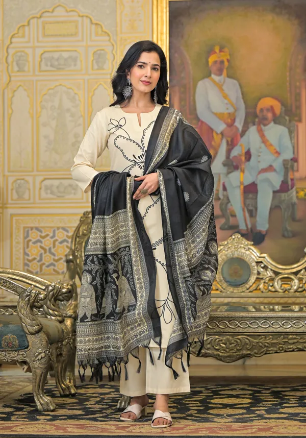 Cream_Cotton_Blend_3/4_Sleeve_Ethnic_Set_With_Silk_Dupatta_For_Women