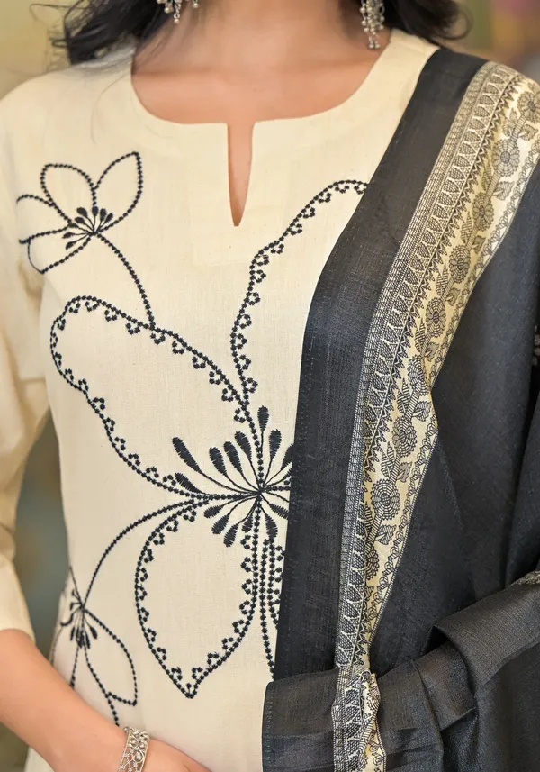 Cream_Cotton_Blend_3/4_Sleeve_Ethnic_Set_With_Silk_Dupatta_For_Women