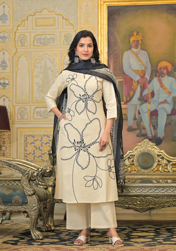 Cream_Cotton_Blend_3/4_Sleeve_Ethnic_Set_With_Silk_Dupatta_For_Women
