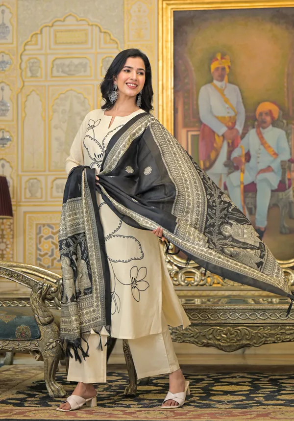 Cream_Cotton_Blend_3/4_Sleeve_Ethnic_Set_With_Silk_Dupatta_For_Women
