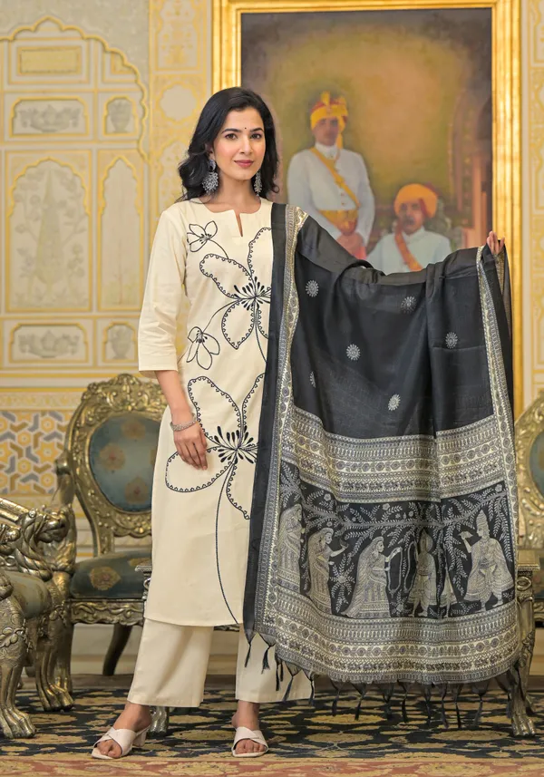 Cream_Cotton_Blend_3/4_Sleeve_Ethnic_Set_With_Silk_Dupatta_For_Women
