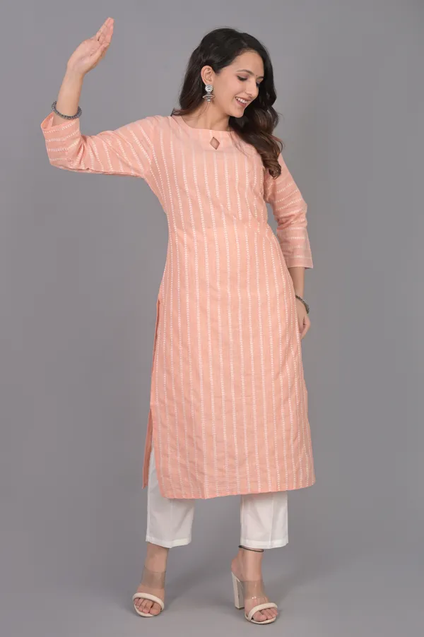 Light_Orange_Khadi_Cotton_3/4_Sleeve_Kurta_For_Women