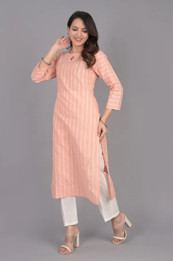 Light_Orange_Khadi_Cotton_3/4_Sleeve_Kurta_For_Women