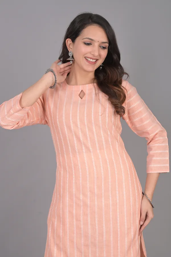 Light_Orange_Khadi_Cotton_3/4_Sleeve_Kurta_For_Women