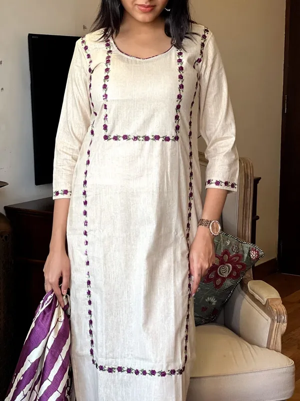 Beige_Cotton_Blend_3/4_Sleeve_Ethnic_Set_With_Silk_Dupatta_For_Women