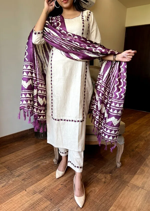 Beige_Cotton_Blend_3/4_Sleeve_Ethnic_Set_With_Silk_Dupatta_For_Women