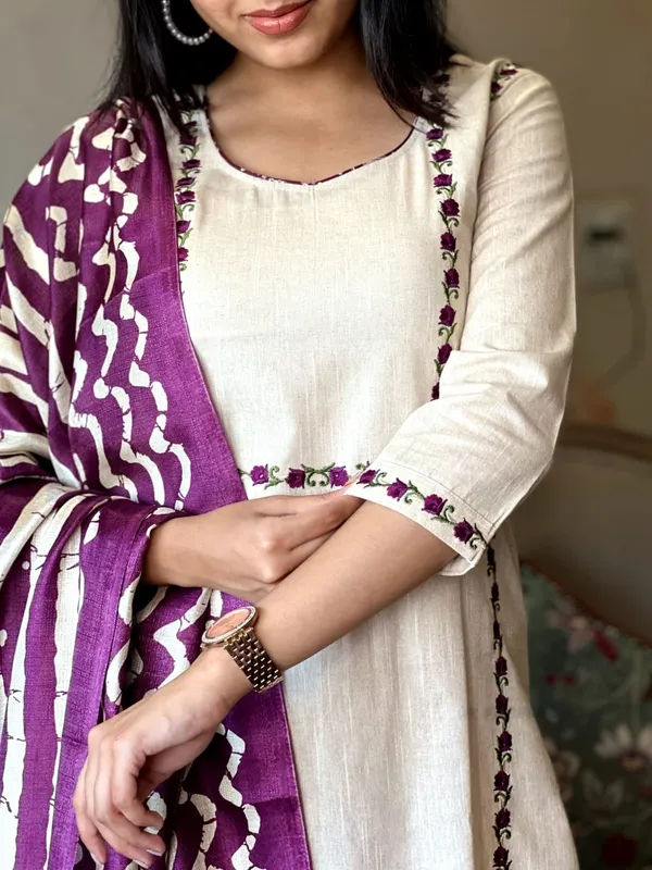 Beige_Cotton_Blend_3/4_Sleeve_Ethnic_Set_With_Silk_Dupatta_For_Women