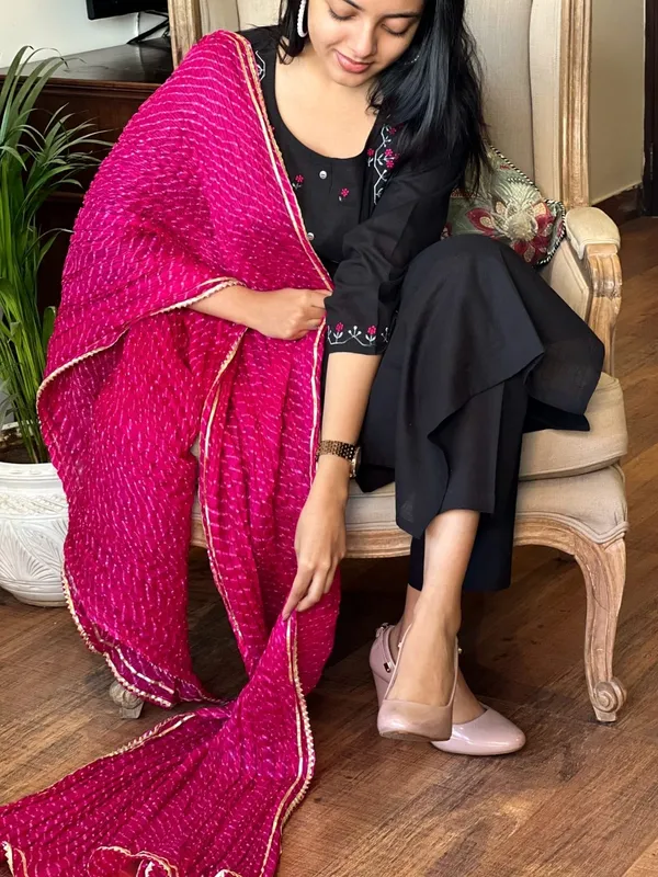 Black_Khadi_Cotton_3/4_Sleeve_Ethnic_Set_With_Silk_Dupatta_For_Women
