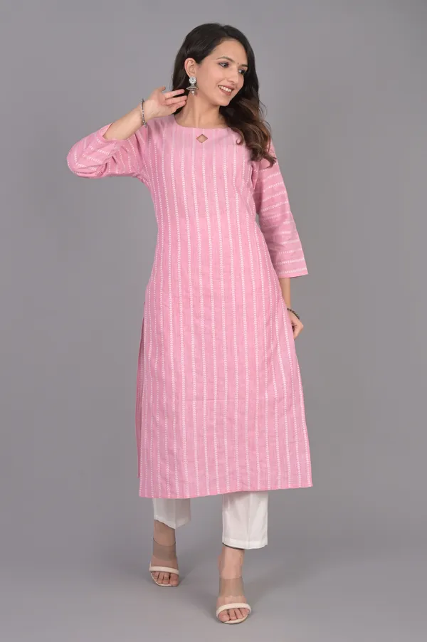 Light_Pink_Khadi_Cotton_3/4_Sleeve_Kurta_For_Women