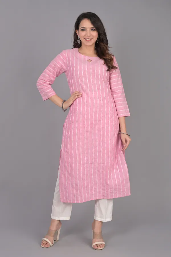 Light_Pink_Khadi_Cotton_3/4_Sleeve_Kurta_For_Women