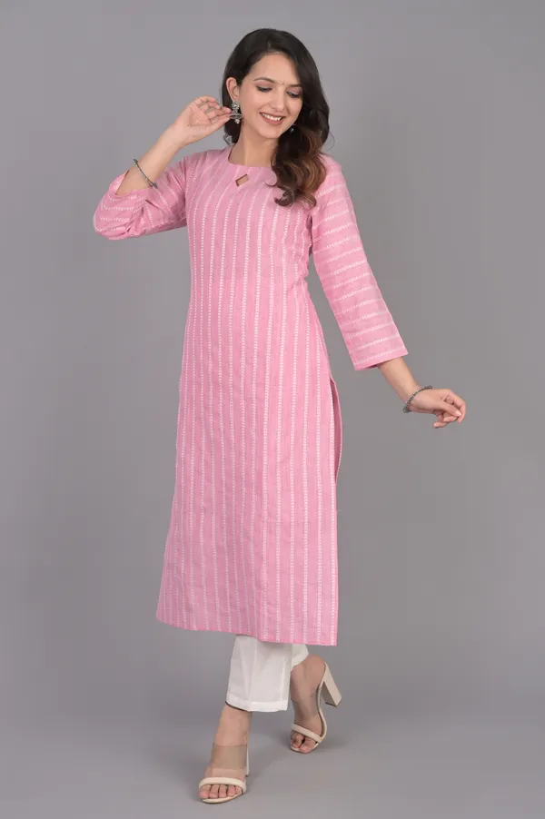 Light_Pink_Khadi_Cotton_3/4_Sleeve_Kurta_For_Women