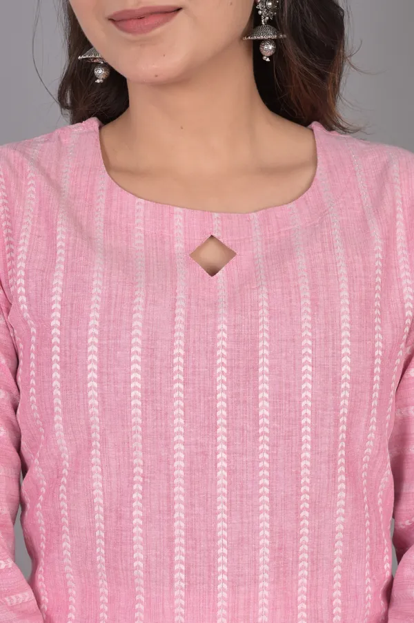 Light_Pink_Khadi_Cotton_3/4_Sleeve_Kurta_For_Women