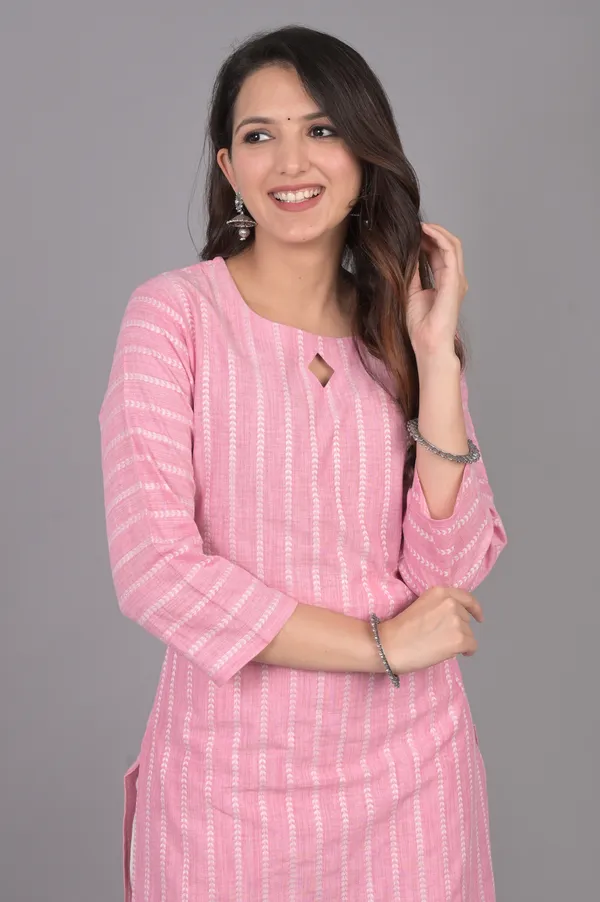 Light_Pink_Khadi_Cotton_3/4_Sleeve_Kurta_For_Women