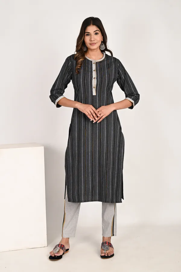 Black_Khadi_Cotton_Blend_3/4_Sleeve_Kurta_Pant_For_Women
