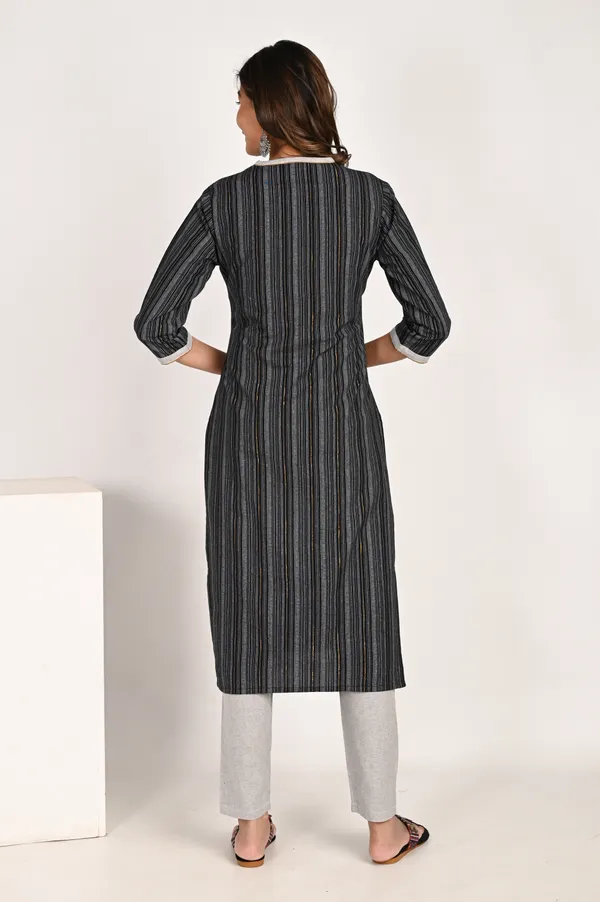Black_Khadi_Cotton_Blend_3/4_Sleeve_Kurta_Pant_For_Women