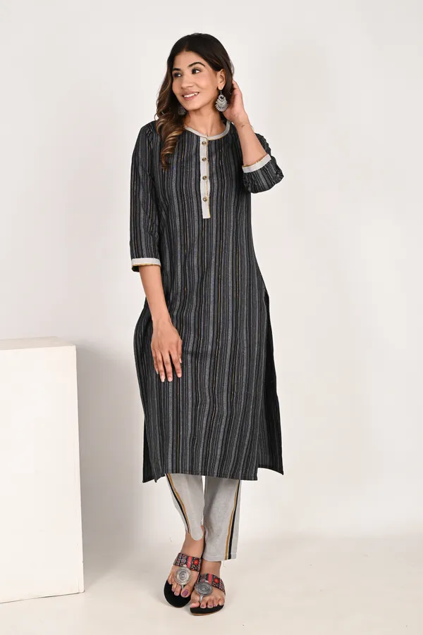 Black_Khadi_Cotton_Blend_3/4_Sleeve_Kurta_Pant_For_Women
