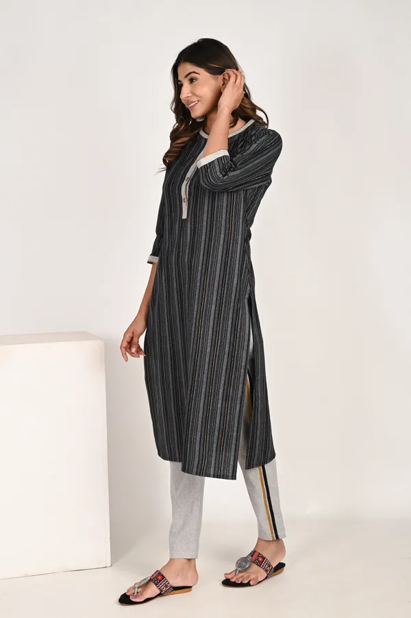 Black_Khadi_Cotton_Blend_3/4_Sleeve_Kurta_Pant_For_Women
