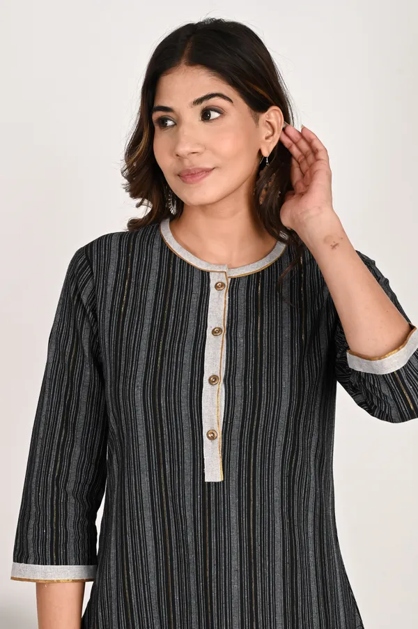 Black_Khadi_Cotton_Blend_3/4_Sleeve_Kurta_Pant_For_Women
