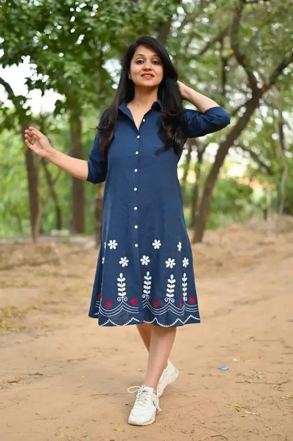 Blue_Pure_Cotton_Regular_Sleeves_Dress_For_Women