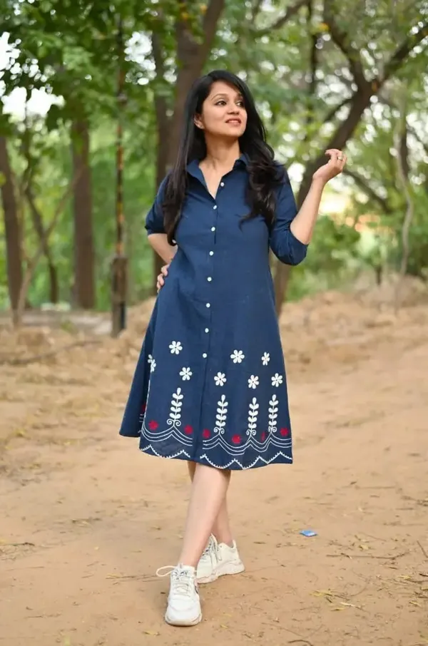 Blue_Pure_Cotton_Regular_Sleeves_Dress_For_Women