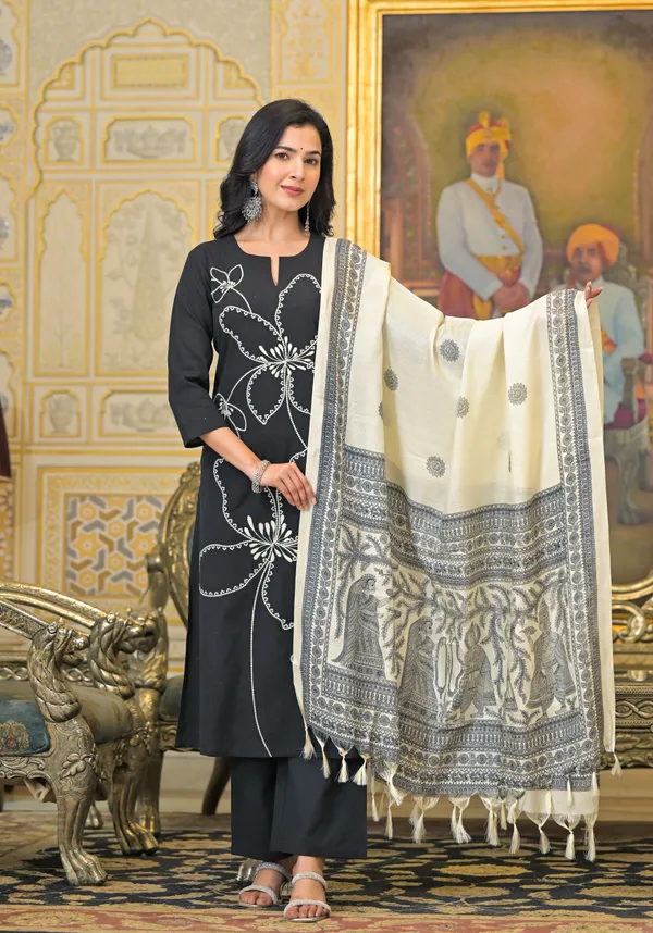 Black_Pure_Cotton_Blend_3/4_Sleeve_Ethnic_Set_With_Silk_Dupatta_For_Women
