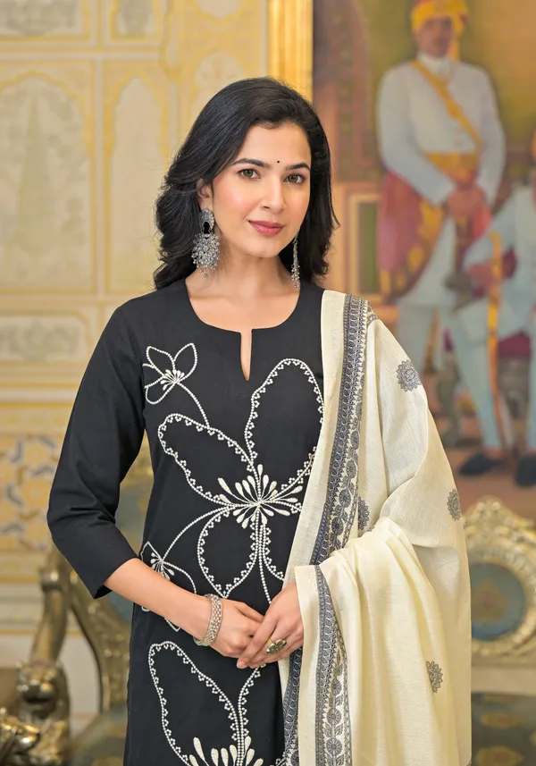 Black_Pure_Cotton_Blend_3/4_Sleeve_Ethnic_Set_With_Silk_Dupatta_For_Women