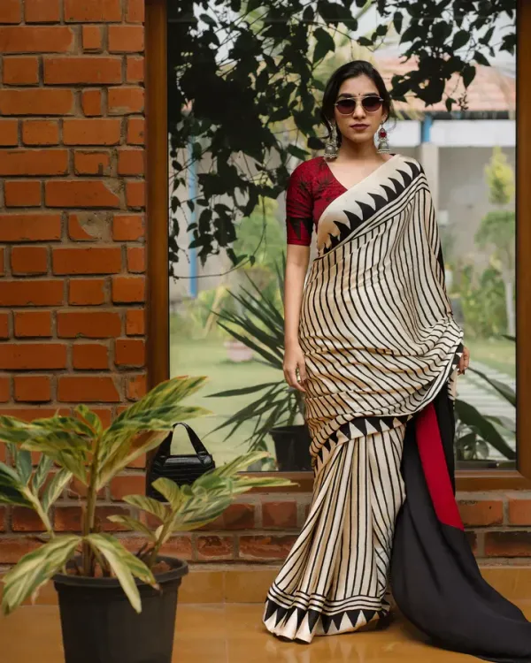 Premium_Cream_Party_Wear_Stripted_Saree_With_Red_Pallu