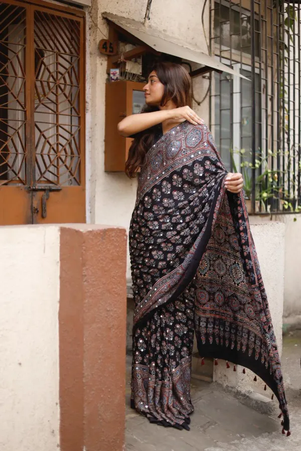 Black_Ajrakh_Print_Mirror_Work_Saree