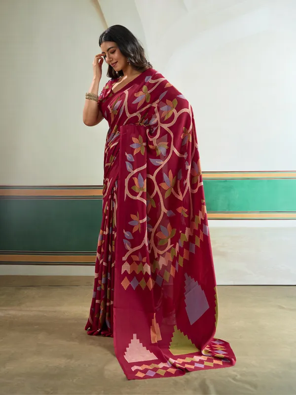 Claret_Maroon_Modal_Ajrakh_Printed_Satin_Silk_Saree