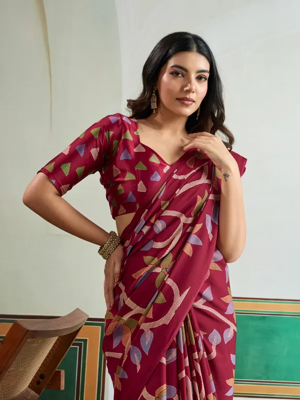 Claret_Maroon_Modal_Ajrakh_Printed_Satin_Silk_Saree