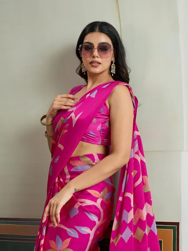 Deep_Pink_Modal_Ajrakh_Printed_Satin_Silk_Saree